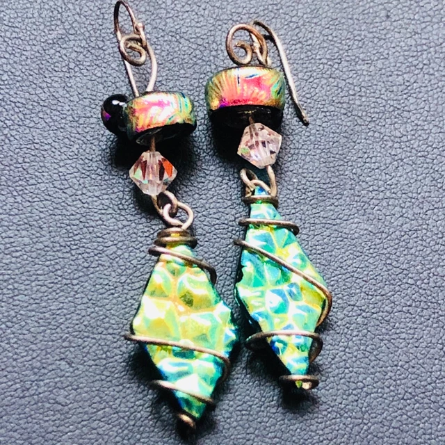 GORGEOUS OOAK Artsy Blue Green Pink Multicolor Dichroic Glass Vtg Earrings