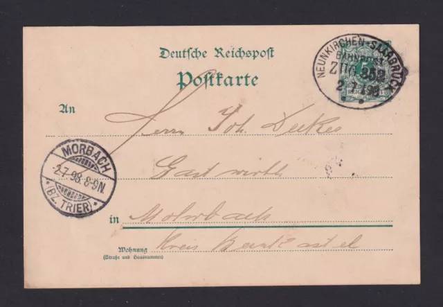 1898 - 5 Pf. DR-Ganzsache mit Bahnpoststempel "Neunkirchen-Saarbrück" (22121385)