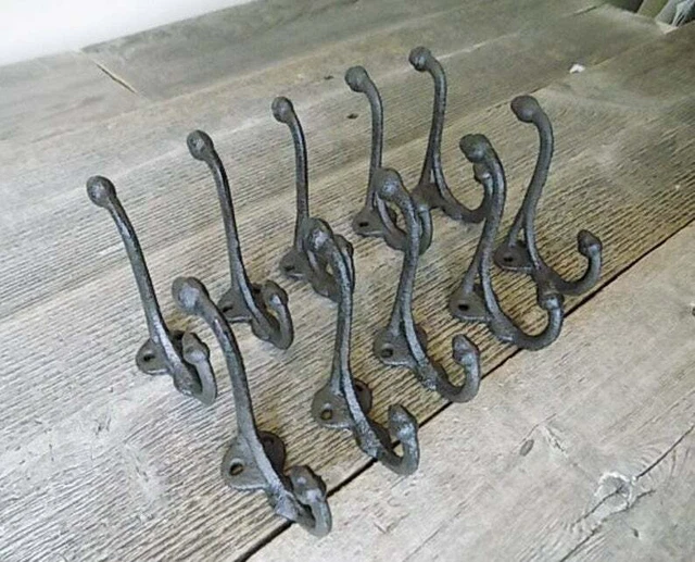 Antique Cast Iron Wall Hooks Dog Leash Garage Coat Hat Towel Hanging Set of 10 3