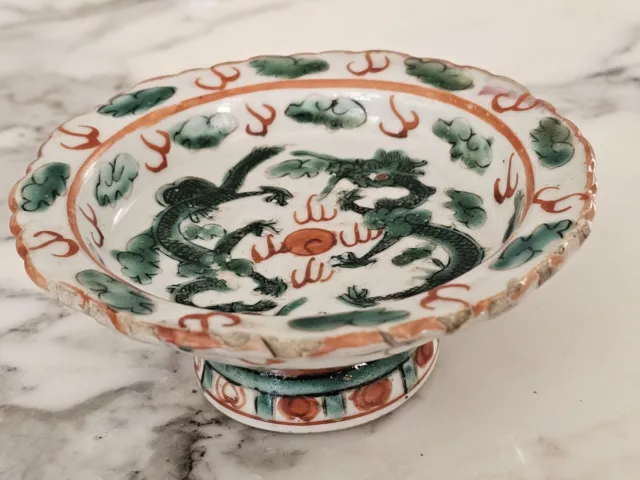 18th Century Chinese Export Thai Twin Dragon Celadon Bencharong Stem Dish