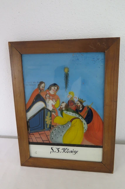 ein sehr altes Hinterglasbild Krippe Geburt Jesukind Hl. Dreikönige Seehausen