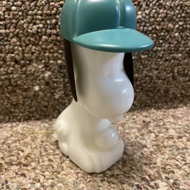 1969 Avon Snoopy w/Teal Baseball Cap Milk Glass After Shave Bottle Empty-ExcCond