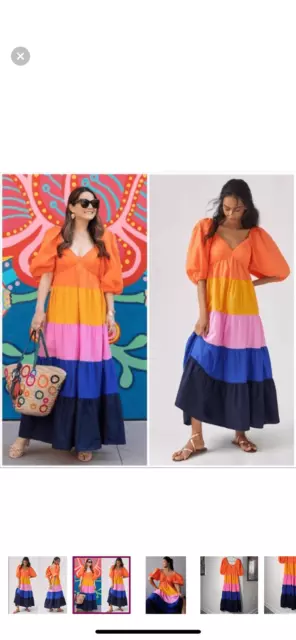 Farm Rio Women’s Size Small Tiered Color Block Maxi Dress Half Sleeve Rainbow