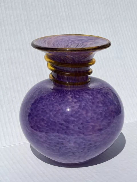 Vintage Blenko? Handblown Amethyst Heavy Glass Vase w/Amber Applied Swirl 6 3/4"