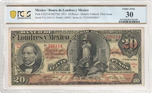 Mexico, Banco de Londres y Mexico P#S235d M273d 1913 20 Pesos PCGS VF30