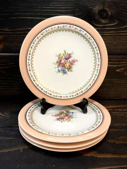 Raynaud Limoges France Salad Plates 7 5/8" Set Of 4 Pink Rim Bouquet Center