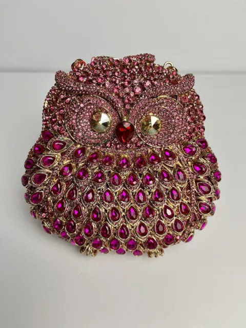Beautiful Pink Owl Crystal Rhinestone 6” Clutch Purse