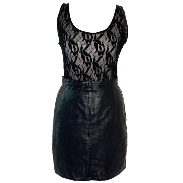 Minigonna vintage anni '90 nera in pelle grunge scura accademia goth punk taglia 8