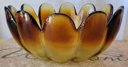 Vintage Indiana Glass Ombre Amber Lotus Flower Petal Serving Bowl 11"Diam *EUC