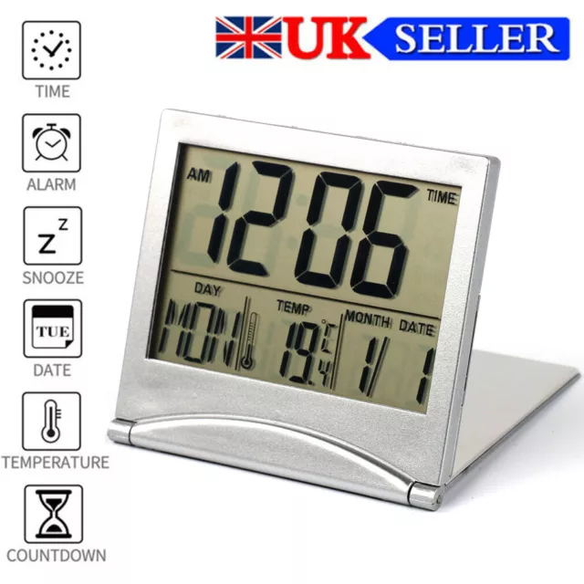 Folding LCD Digital Alarm Clock Desk Table Temperature Travel Electronic Clock