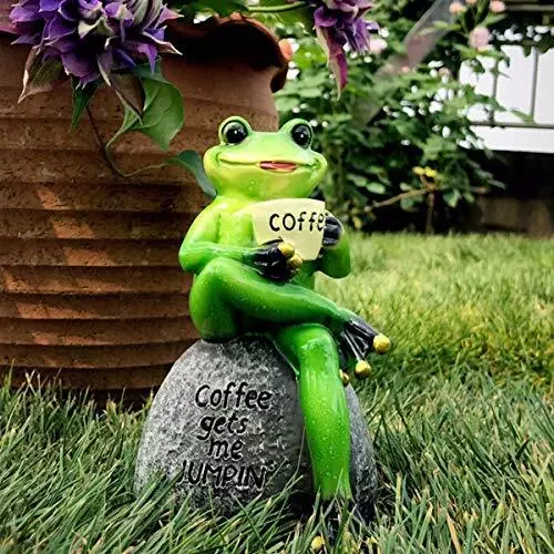 Frog Statue for Garden, Drinking Coffee Green Frog Figurine for Outdoor Decor...