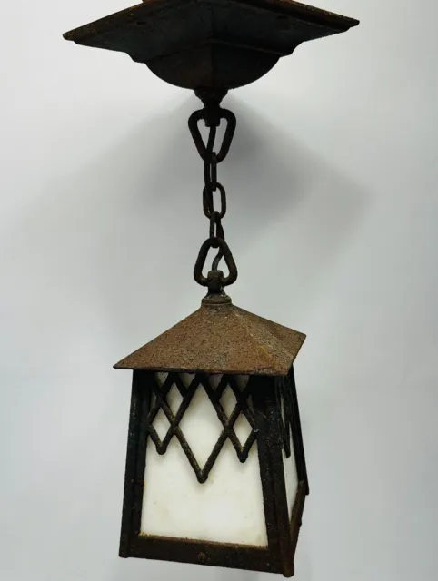 Antique Arts Crafts Cast Iron Slag Glass Ceiling Porch Foyer Light Lloyd Wright