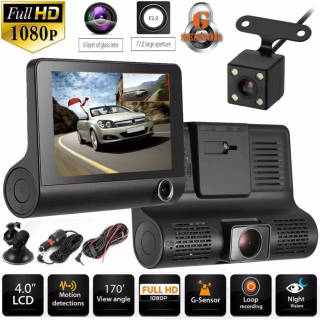 4" 1080P  3 Lens Dash Cam Recorder Car DVR Front Rear View Camera Night Vision