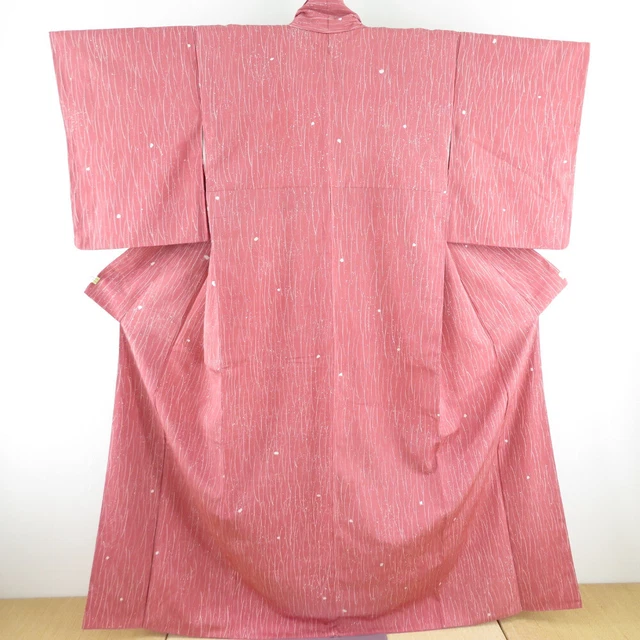 Komon kimono Silk Tsumugi dew turf grass pattern Red 63.0inch Women's