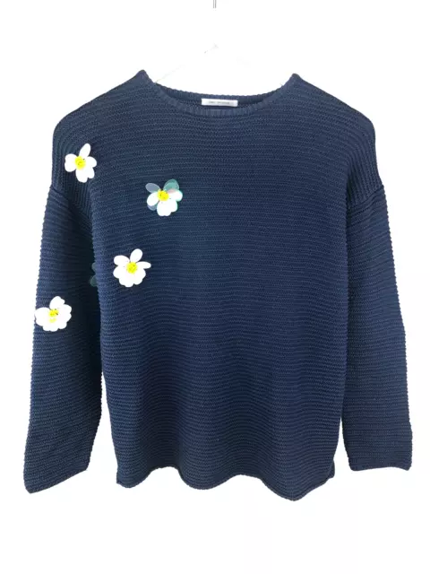 Zara Knitwear Fancy Collection, Girls' Cotton Sweater with Paillette Flowers, Na