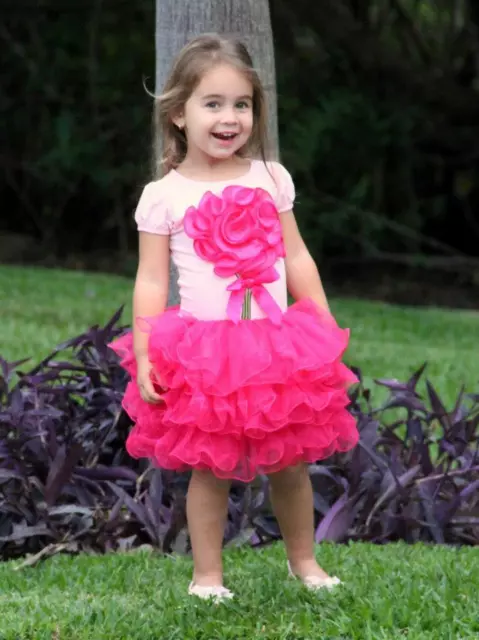 Baby Girls Toddler White Cotton Hot Pink Large Flower Ballerina Tulle Dress