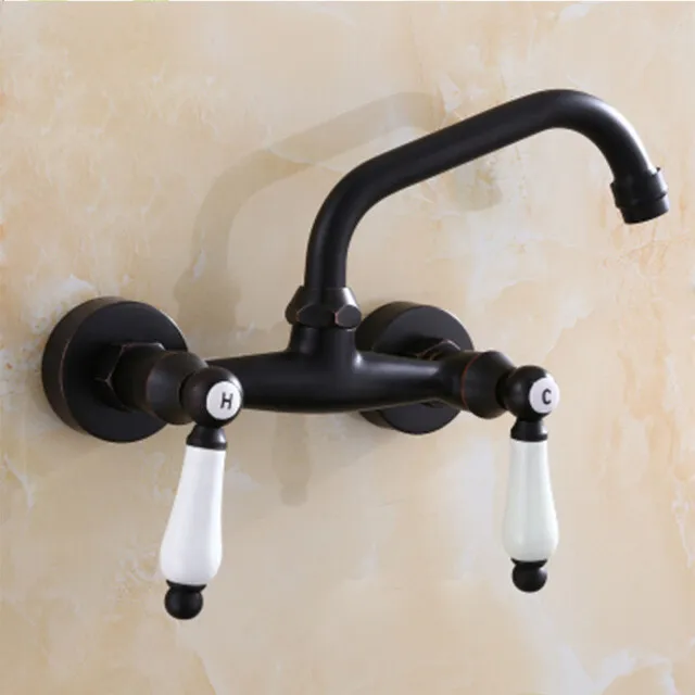 Oil Rubbed Bronze Bathroom Basin Sink Faucet Dual Handles Mixer Tap Wall Mount