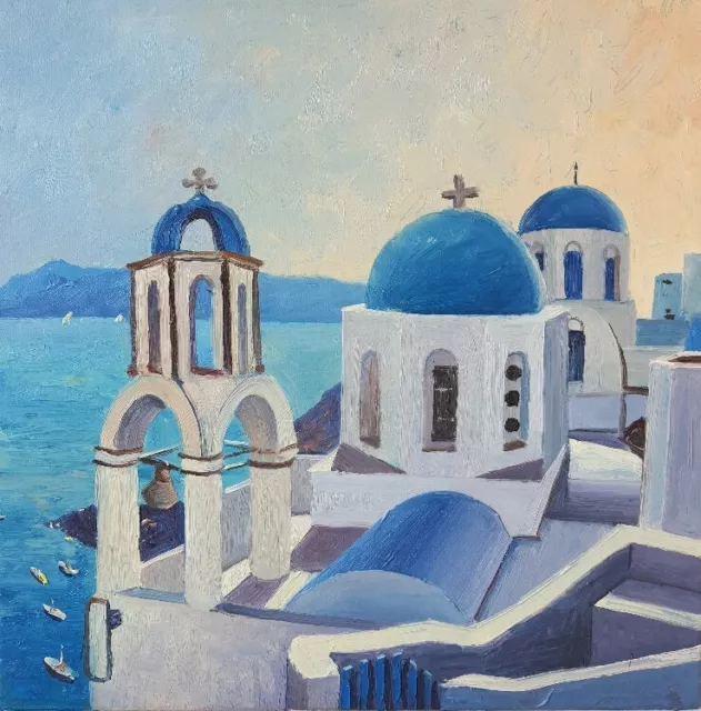 Santorini Painting Oia Greece Original Art Landscape Small Impasto Oil Paint  8x8