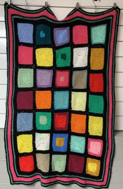 Vintage Granny Square Afghan Crochet Handmade Blanket 38” X 50” Lap Throw Baby