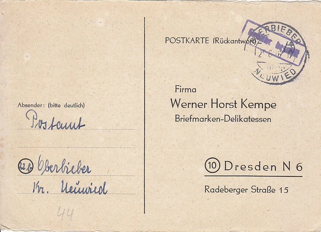 F.Zone - OBERBIEBER  über  NEUWIED  - Gebühr bezahlt - Karte - 1946
