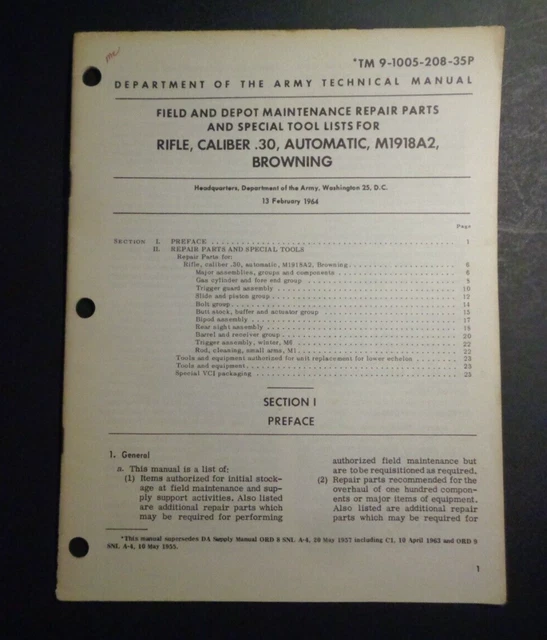 1964 VIETNAM ERA Dept Of The Army Maintenance Parts Browning .30