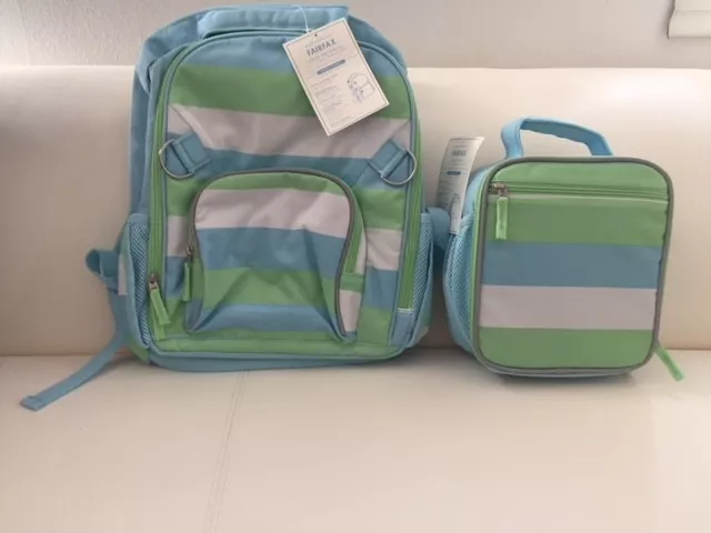 POTTERY BARN KIDS Fairfax Aqua/Light Green Stripe Large Backpack & Lunch Bag NEW