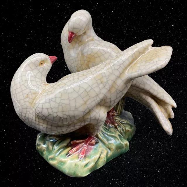 Antique Chinese Crackle Glazed Porcelain Doves Art Pottery Figurine Statue