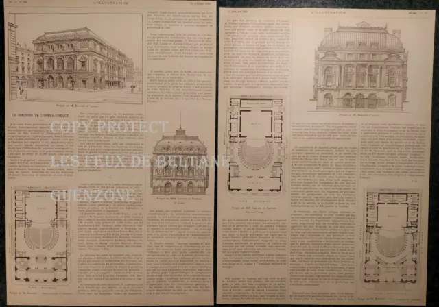 CONCOURS ARCHITECTURE OPERA COMIQUE  article 2 pages gravure document 1893