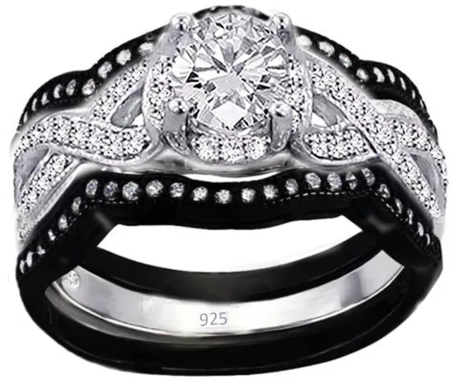 925 Sterling Silver real set of 3 ring weddings black stones Women Band