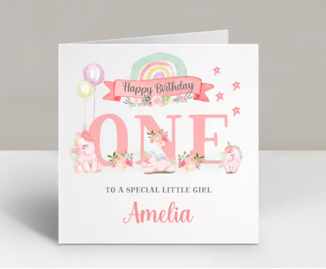 Personalised 1st Birthday Card For Little Girl - Cute Baby Unicorns - Daughter