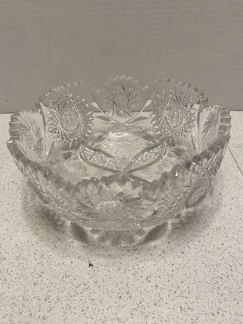 HEAVY American Brilliant Cut Glass Hobstar Serving Bowl Centerpiece Fruit