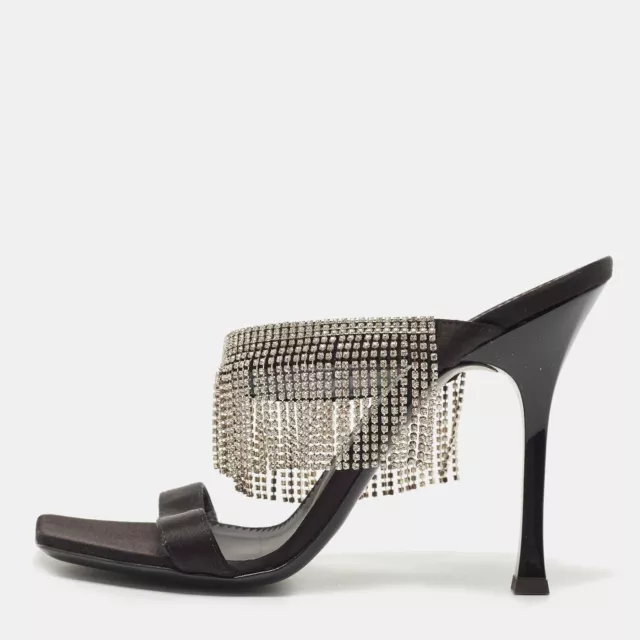 Giuseppe Zanotti Black Satin Crystal Fringe Slide Sandals Size 38.5