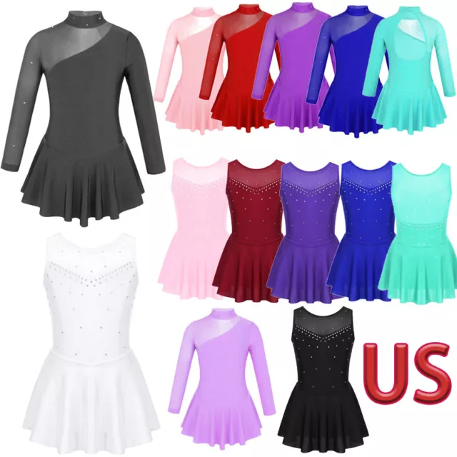 US Kid Girl Ballet Dance Leotard Gymnastic Long Sleeve Figure Ice Skating Dress