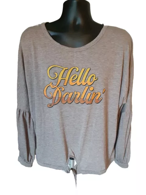 Southern Grace Shirt Womens Sz 2XL "Hello Darlin" Long Sleeves Tie Front Thin