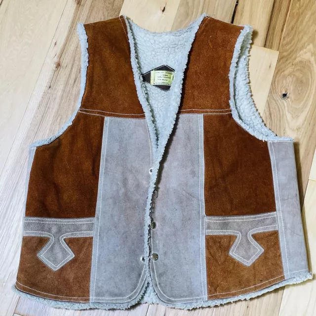 Vtg 80s Genuine Leather Shearling Style Country Western Brown Snap Vest Size L