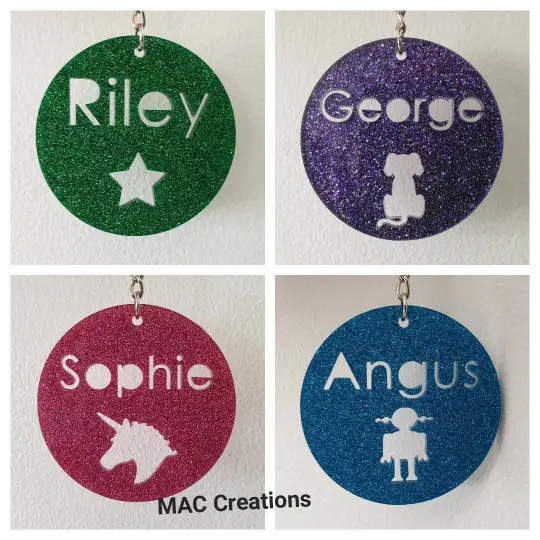 Children's GLITTER Acrylic School Bag Tag - ANY NAME DESIGN key ring