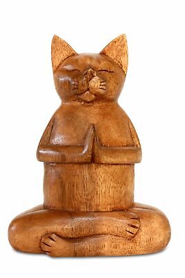 Wooden Hand Carved Yoga Fire Log Pose Cat Sculpture Statue Home Decor Figurine