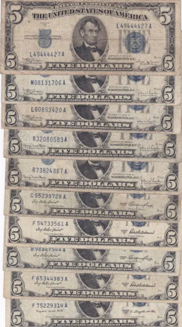 $5 1934/1953 Silver Certificates Lot 10 Notes Mixed Series Bulk