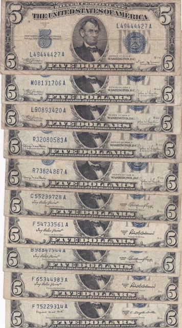 $5 1934/1953 Silver Certificates Lot 10 Notes Mixed Series Bulk
