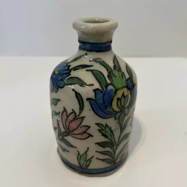 Vtg Persian Pottery Glazed Qajar Vase Floral 6" Iznik Ceramic Floral Handmade