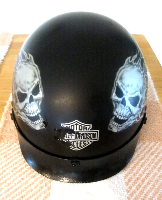 HARLEY DAVIDSON MOTORCYCLE Half Helmet Black Silver Skull Flames Size