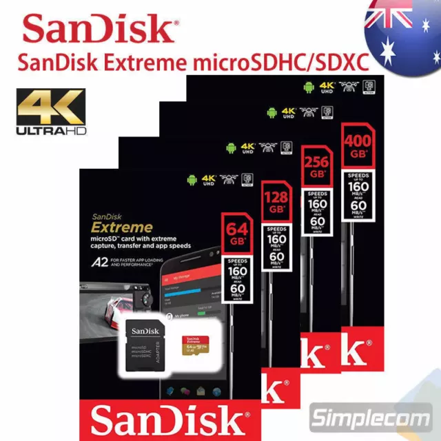 SanDisk Extreme Micro SDXC 64GB 128GB 256GB 400GB MicroSD Card 4K A2 V30 160M/S