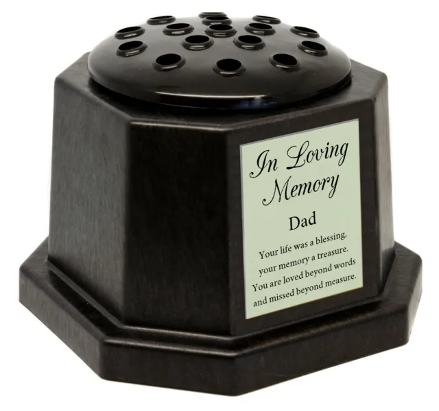 Black grave memorial graveside flower vase with silver in loving memory plaque