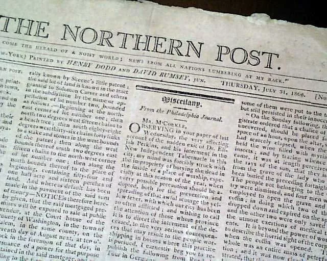 Very Rare SALEM NY Washington County New York Early 19th Century 1806 Newspaper