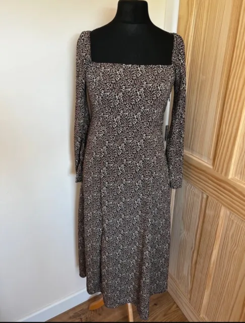 ASOS Leopard Print Long Sleeve Square Neck Midi Dress Size 12 NWOT Going Out