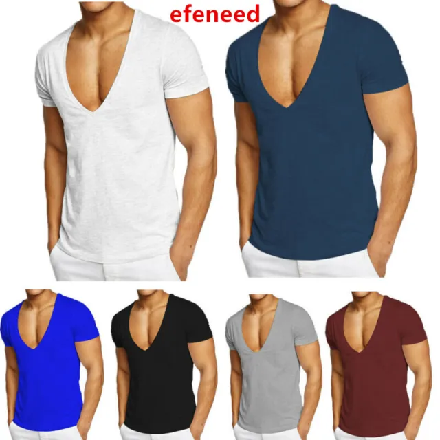 100% Cotton Men Short Sleeve Deep V Neck T Shirt Slim Fit Clubwear Office Top