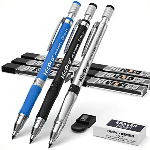 Nicpro 2mm Mechanical Pencil Set, 3 PCS Artist Drafting Clutch Pencil 2.0 mm for