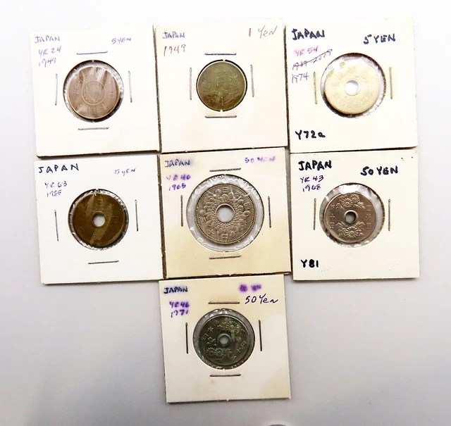 7 Japanese Yen Coins 1 Yen 5 Yen & 50 Yen