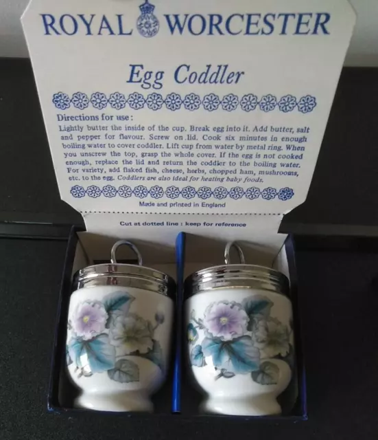 Pair Vintage Royal Worcester Porcelain Egg Coddlers: Woodland Pattern (Boxed)