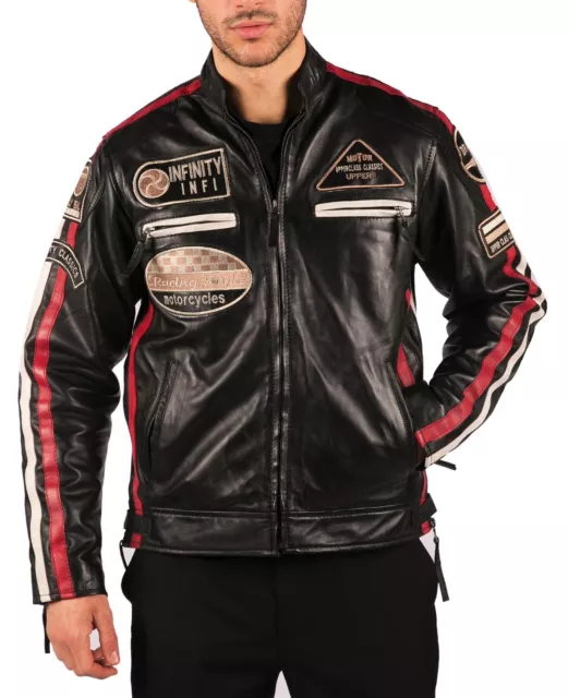 Mens Classic Retro Biker Racer Real Leather Jacket Black Zipped Casual Badge